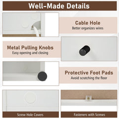 The white end table showing close-up details of the cable hole, knobs and foot pads