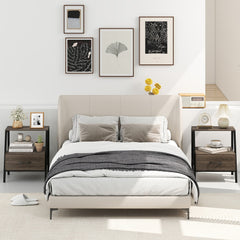 Two grey wood effect nightstands flanking a bed in a bedroom setting