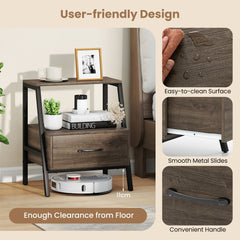 Close up of the grey wood effect nightstand showing drawer and clearance