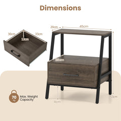 Dimensions diagram for the grey wood effect nightstand showing drawer and overall size