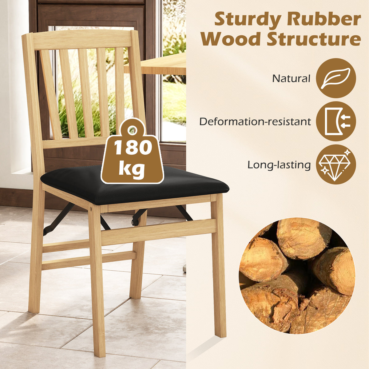 Set of 2 Folding Dining Chair with Rubber Wood Frame and Padded Seat-Black