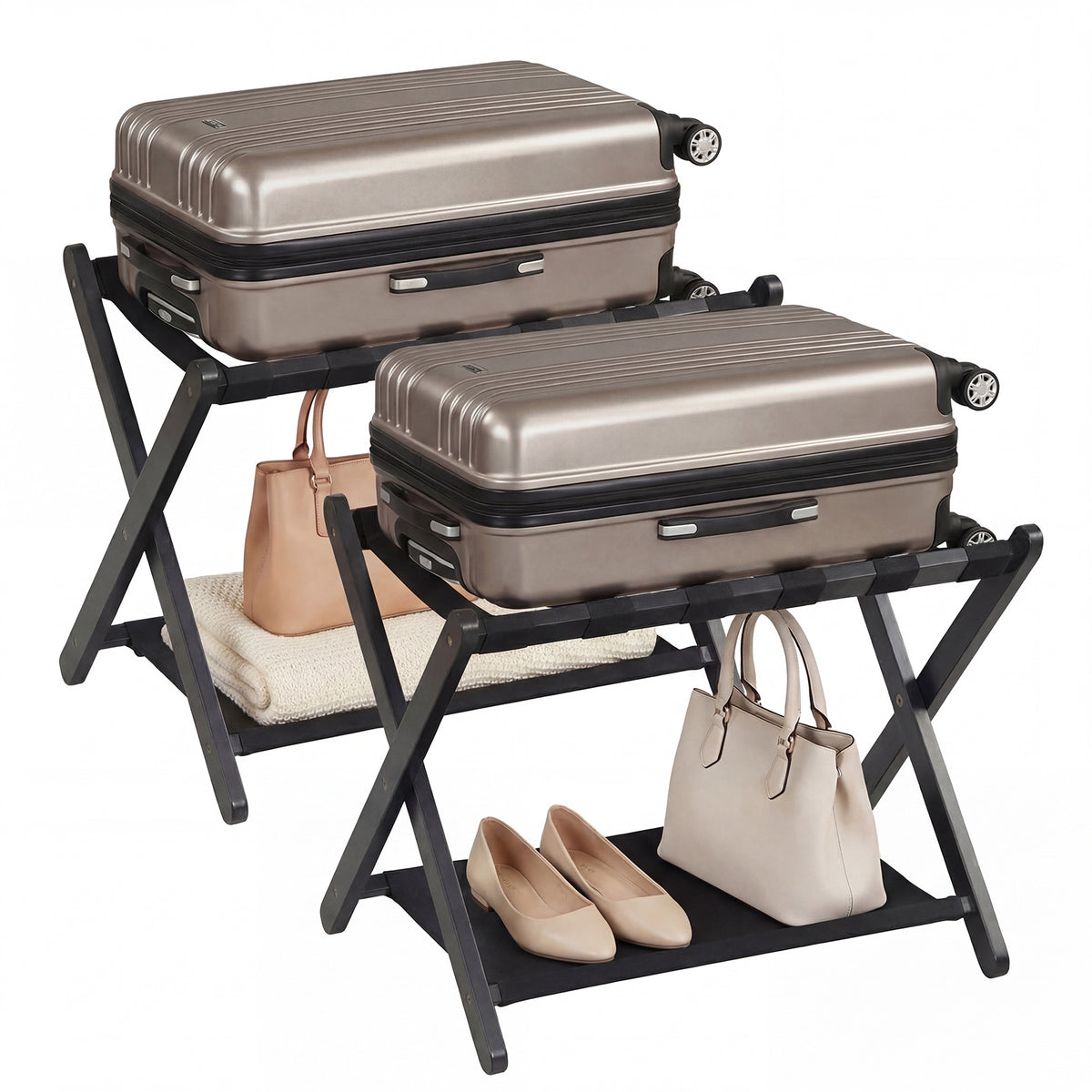 Two black folding luggage racks in a room, holding suitcases, bags and shoes