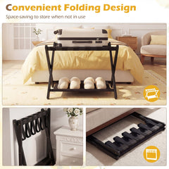 Folding luggage rack shown folded and in use, with close up of straps