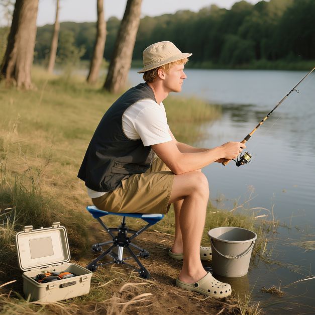 Man sitting on a blue folding stool fishing by a lake