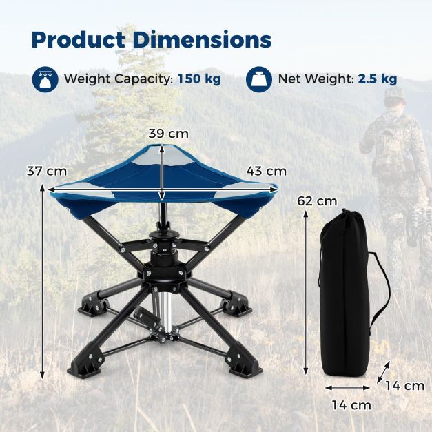 Product dimensions diagram for the blue folding stool