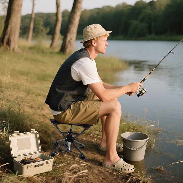 The camping stool being used by a man fishing by the side of a river