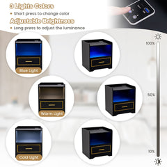 The black nightstand showing different light colours and brightness levels available
