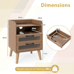 Set of 2 Mid Century Nightstand Modern Bedside Table with Charging Station-Natural