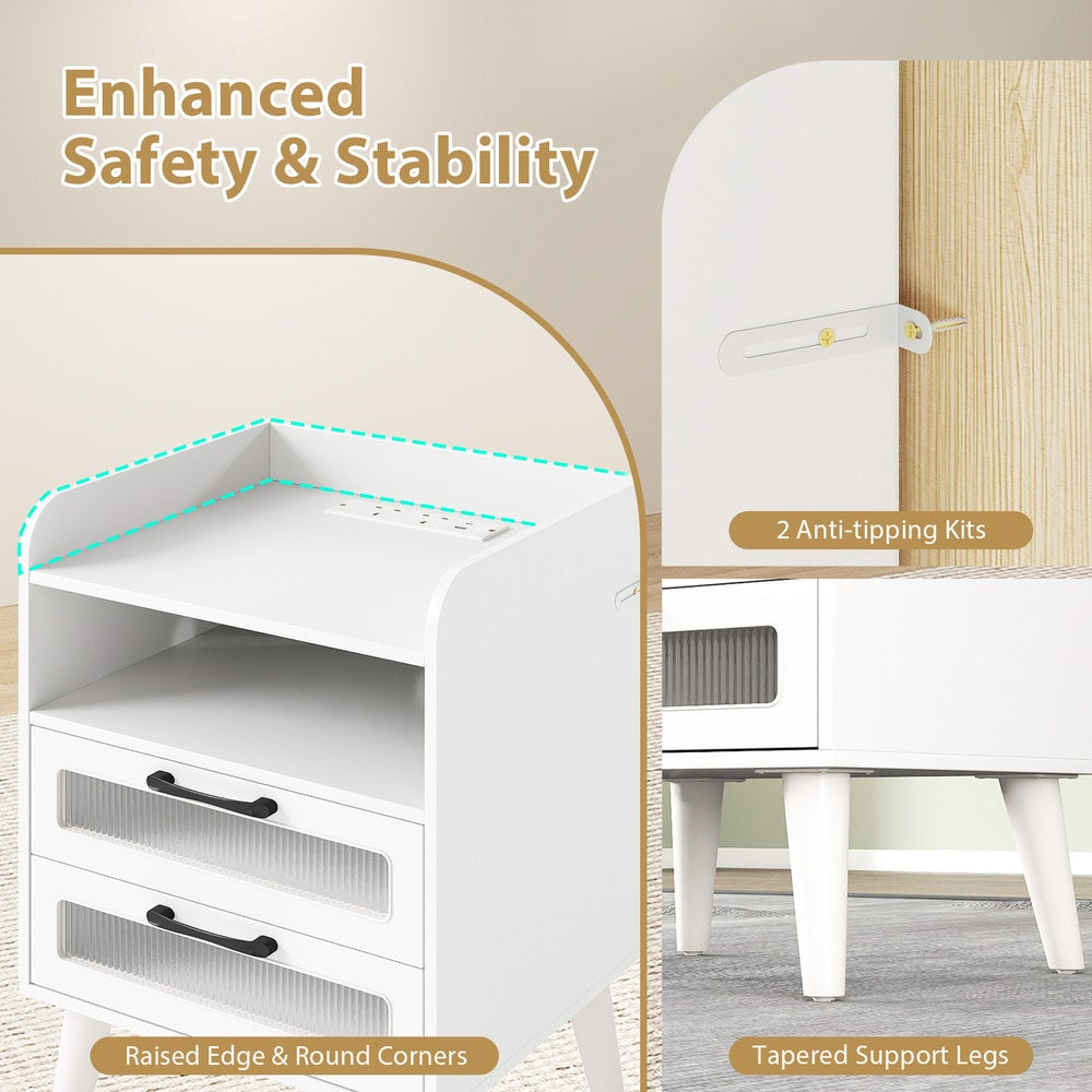 White bedside table with enhanced safety features like anti-tipping kits and round corners