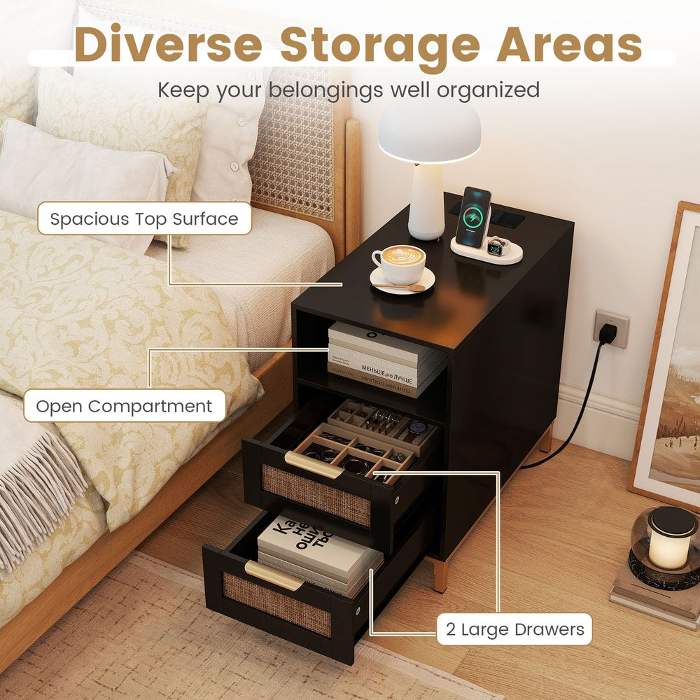 Storage areas of the black narrow end table with rattan drawers