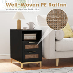 Close-up of the well-woven PE rattan on the black narrow end table drawers