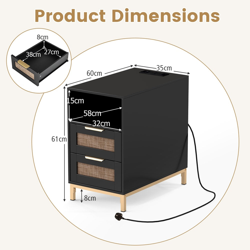 Dimensions diagram for the black narrow end table with rattan drawers