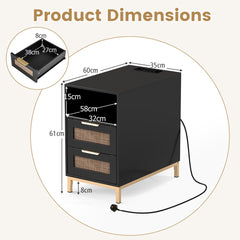Dimensions diagram for the black narrow end table with rattan drawers