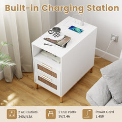 Built-in charging station details for the white narrow end table