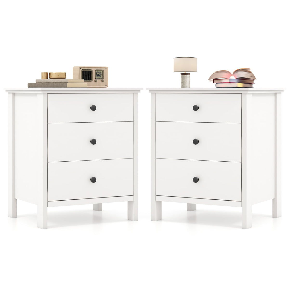 Set of 2 Nightstand with 3 Drawer for Bedroom Compact Storage Chest-White