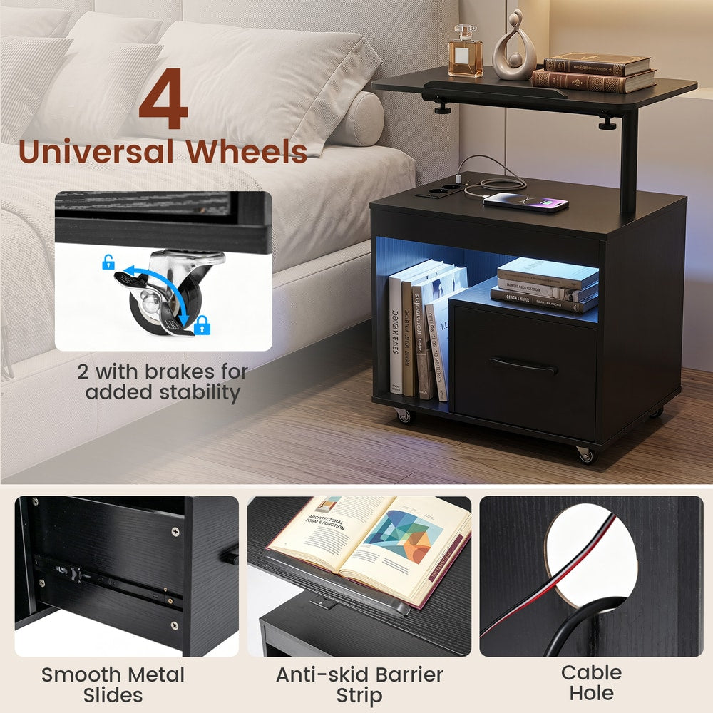 Close up of the black nightstand showing wheels, drawer slides and cable hole
