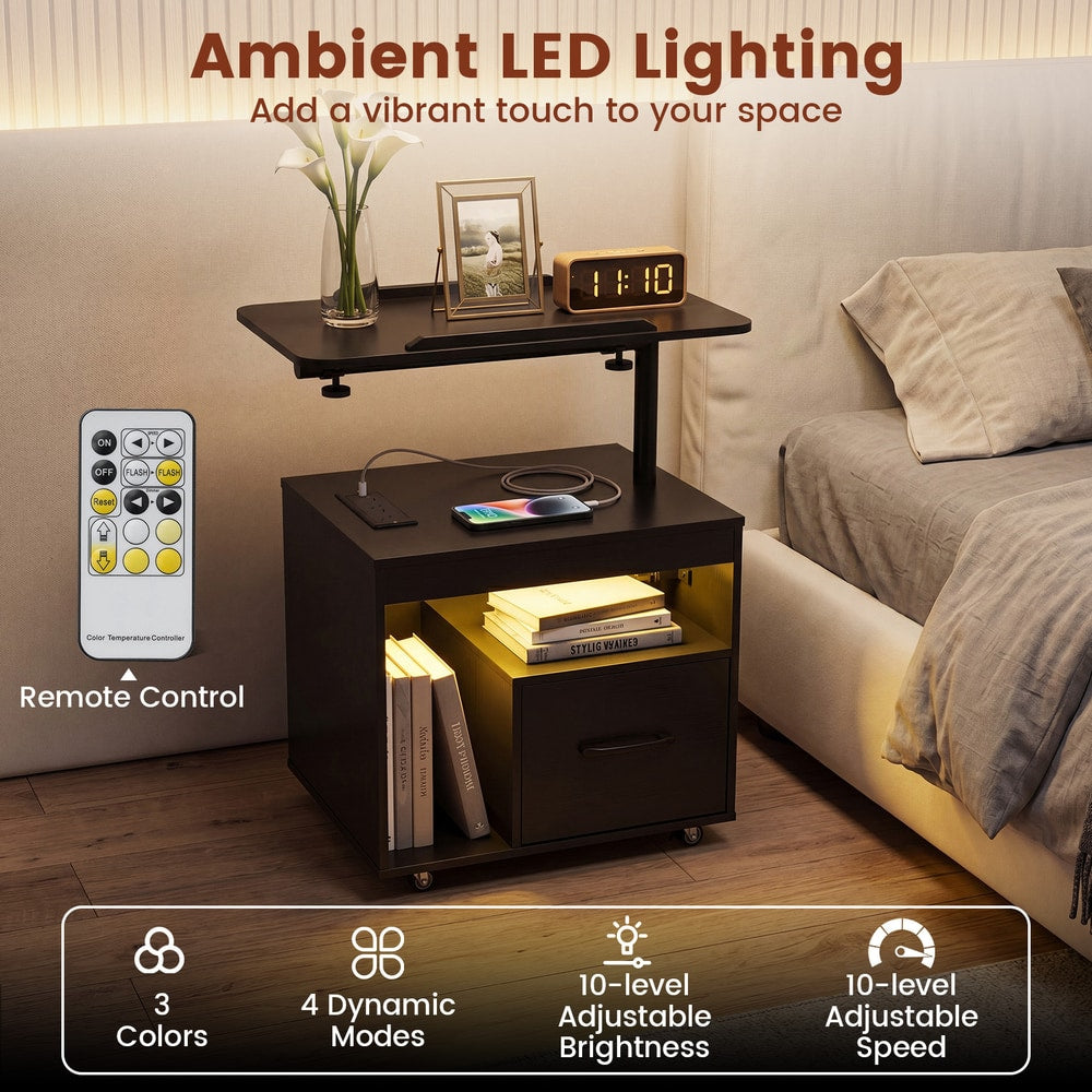 Black bedside table with ambient LED lighting and remote control, showing charging station