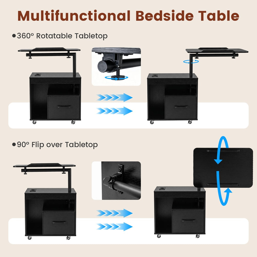 Diagram showing the rotatable and flip over tabletop functions of the bedside table