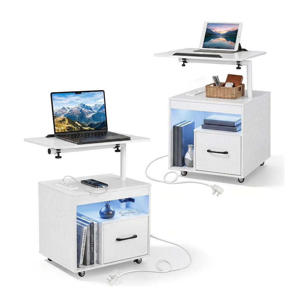 Set of 2 Nightstand with charging station and rotatable tabletop in white