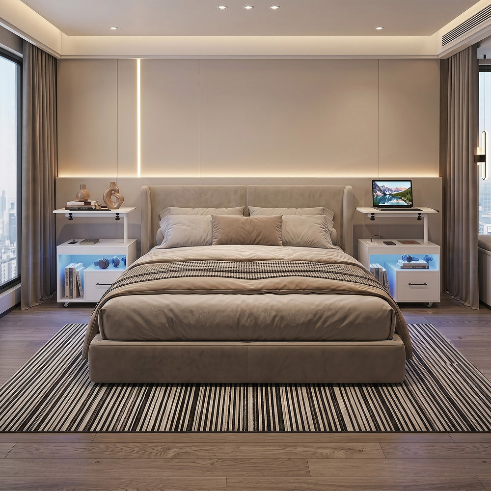 Two white nightstands either side of a bed in a bedroom setting