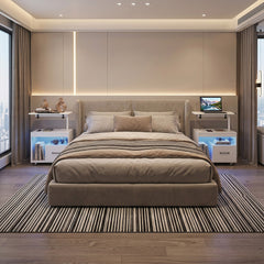 Two white nightstands either side of a bed in a bedroom setting