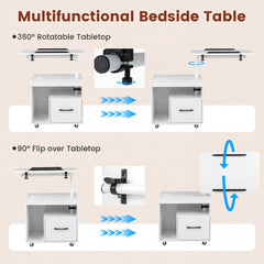 White nightstand showing rotatable and flip over tabletop functions