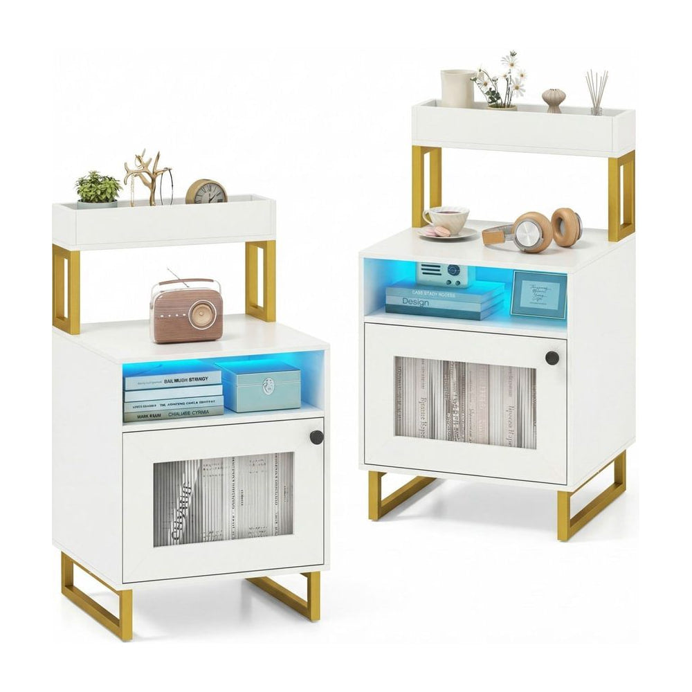 Set of 2 Nightstand with white finish, gold metal legs and blue LED lights on the open shelves