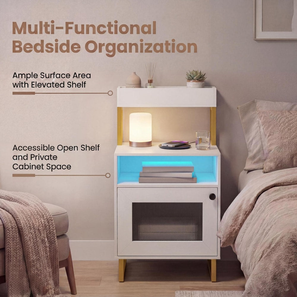 Set of 2 Nightstand, the bedside cabinet showing the storage features with text labels explaining its functionality