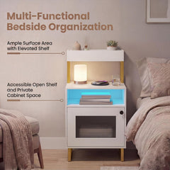 Set of 2 Nightstand, the bedside cabinet showing the storage features with text labels explaining its functionality