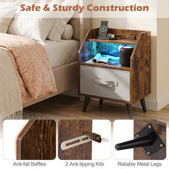 Set of 2 Nightstand with LED Lights and Power Outlets for Bedroom-Rustic Brown