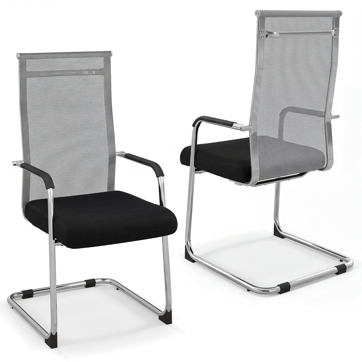 Set of 2 Office Guest Chairs with Metal Sled Base and Armrests-Grey