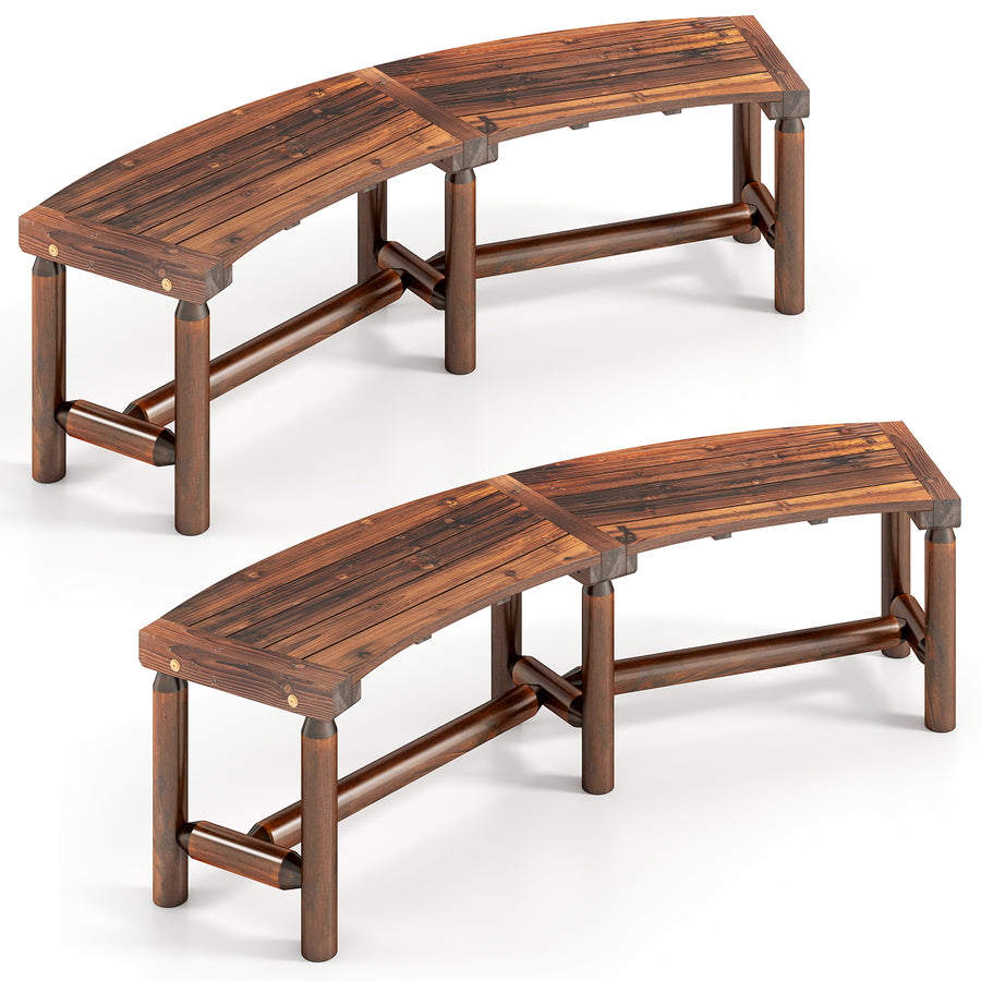 Set of 2 Patio Curved Bench Solid Wood Fire Pit Bench for 2-3 People Outdoor Backless Loveseat-Brown