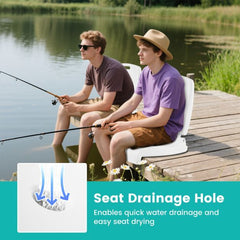 The white poolside chair with handle and back support shown with a seat drainage hole detail