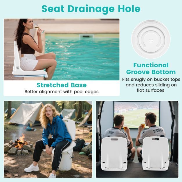 White poolside chairs with handle and back support shown in various outdoor settings