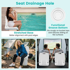 White poolside chairs with handle and back support shown in various outdoor settings