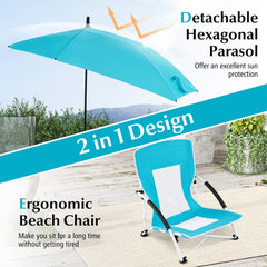 Ergonomic beach chair with a detachable hexagonal parasol offering sun protection