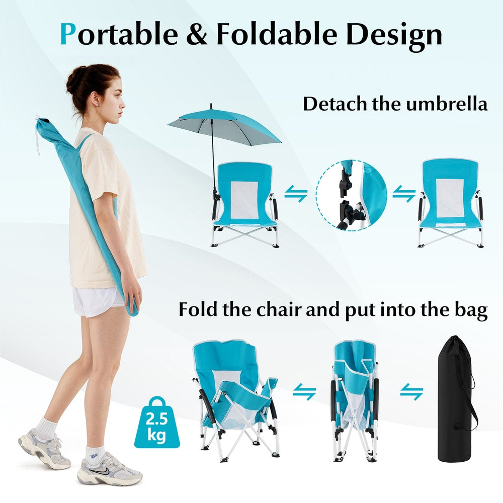 Portable and foldable design of the beach chair, showing how to detach the umbrella and fold the chair into its bag