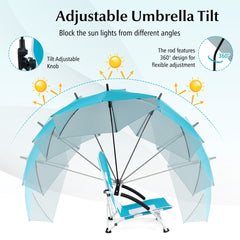 The portable beach umbrella chair showing its adjustable umbrella tilt mechanism and knob