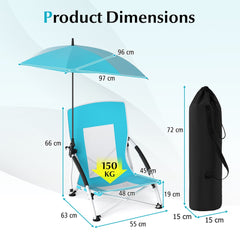 Product dimensions diagram for the portable beach umbrella chair, showing height, width, and depth