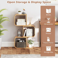 The bamboo bookshelf with a graphic overlay showing examples of items to store on the open shelves