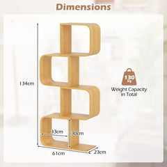 Dimensions diagram for the S-shaped bamboo bookcase showing height and width