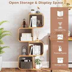 Open storage and display space on the S-shaped bamboo bookcase