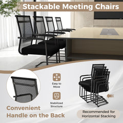 The office chairs demonstrating the stackable design and the handle on the backrest