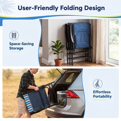 Man folding a blue beach chair and placing it in a car boot
