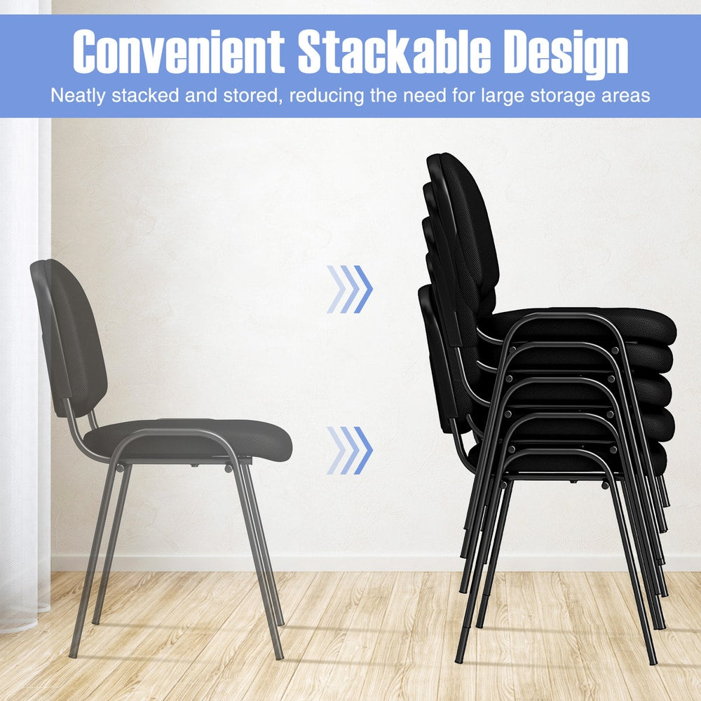 The guest chairs shown individually and stacked together to demonstrate the space saving design