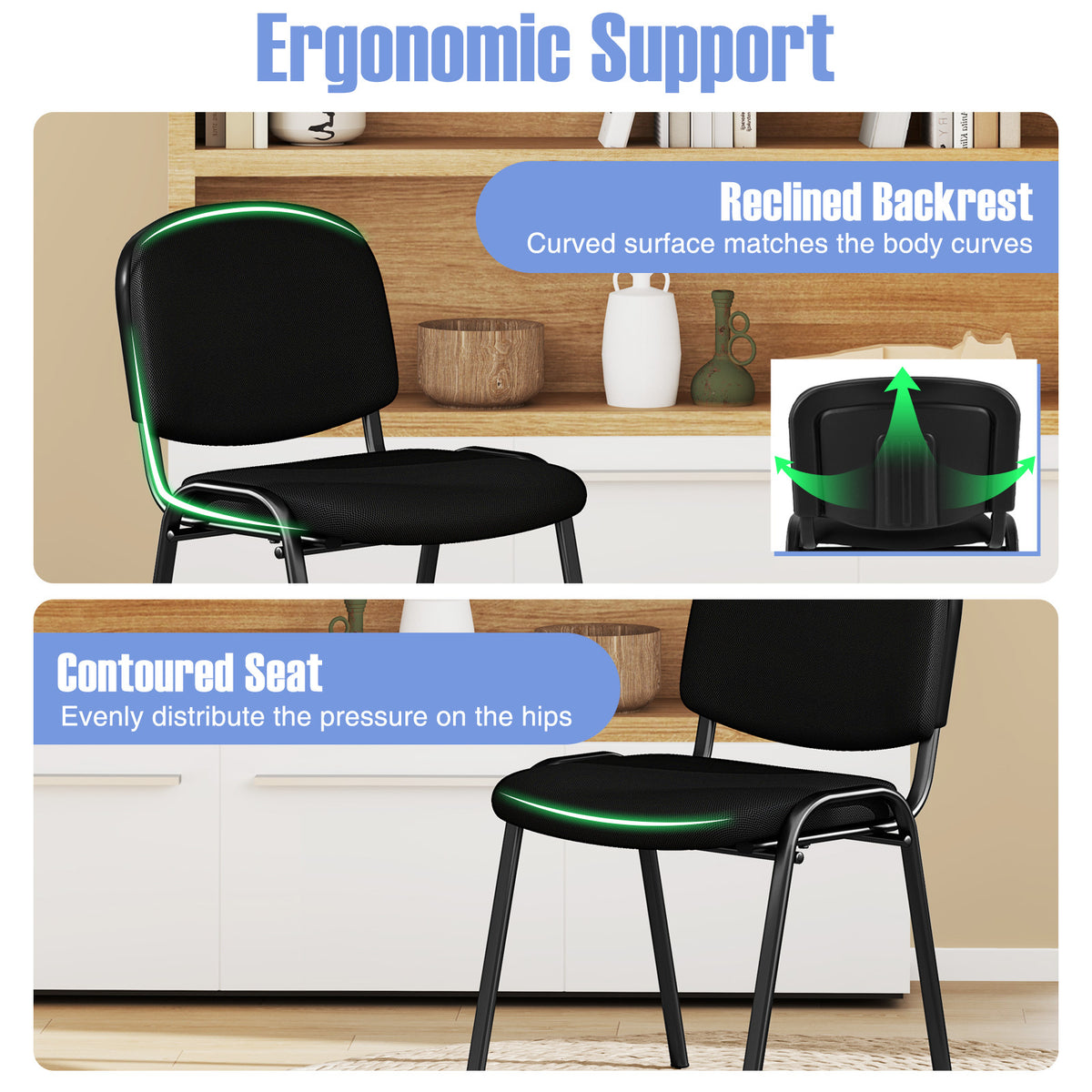 The reception chairs highlighting the curved backrest and contoured seat for ergonomic support