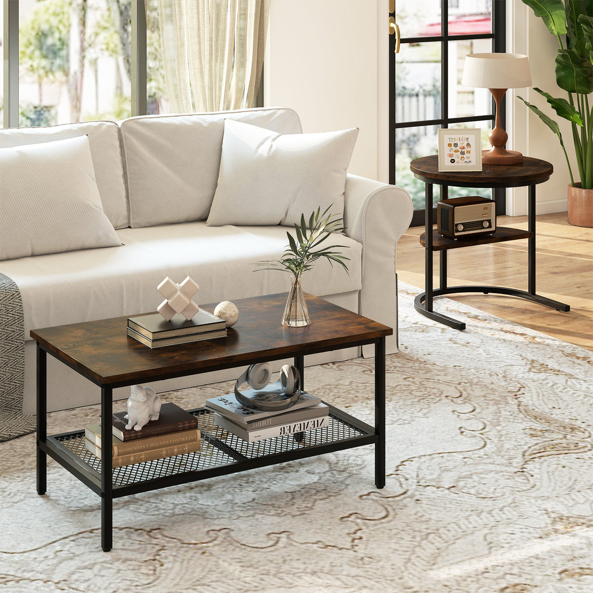 Set of 2 Nesting Coffee Table with Extra Storage Shelf-Coffee
