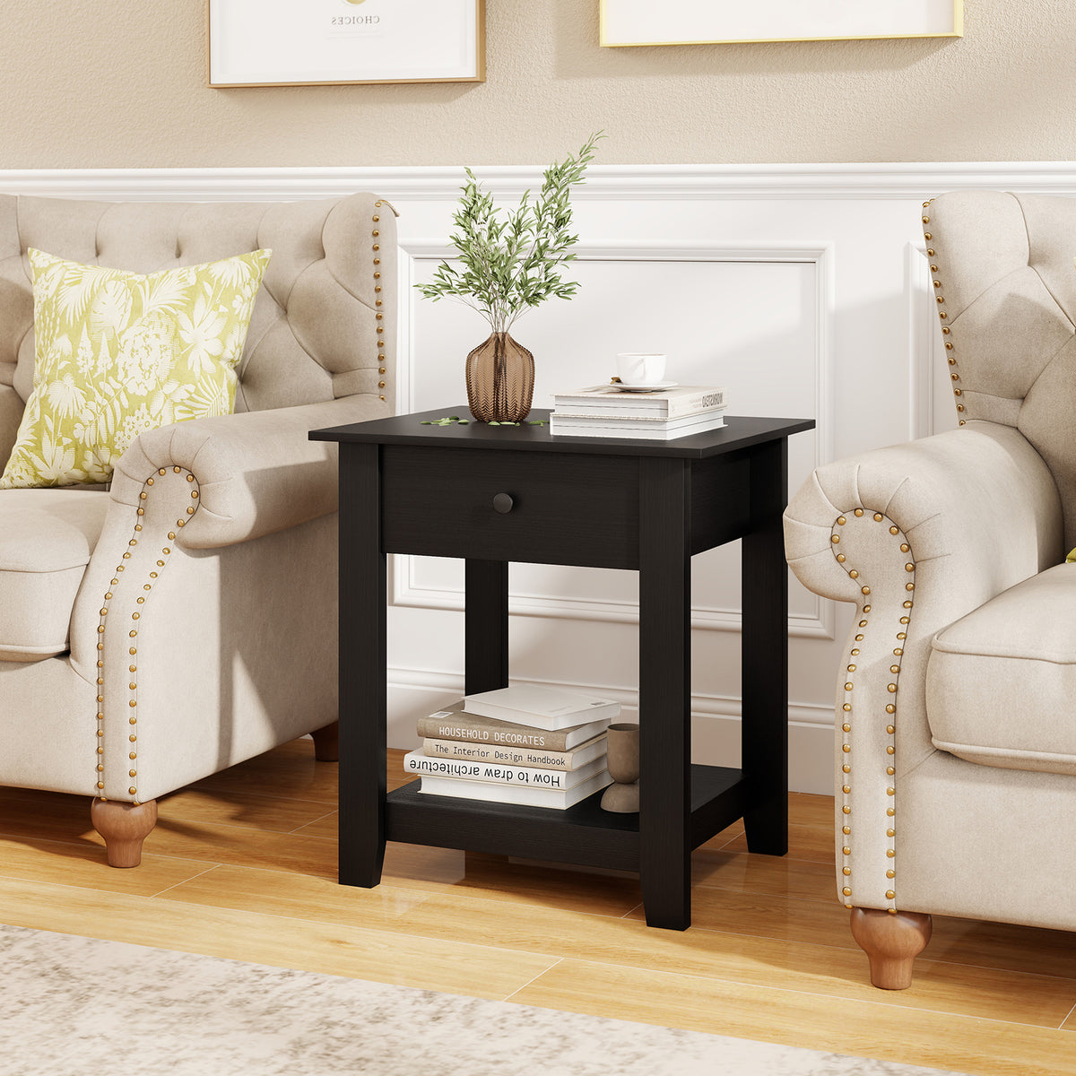 Set of 2 Nightstand with Drawer 3-Tier Modern Bedside Table-Black