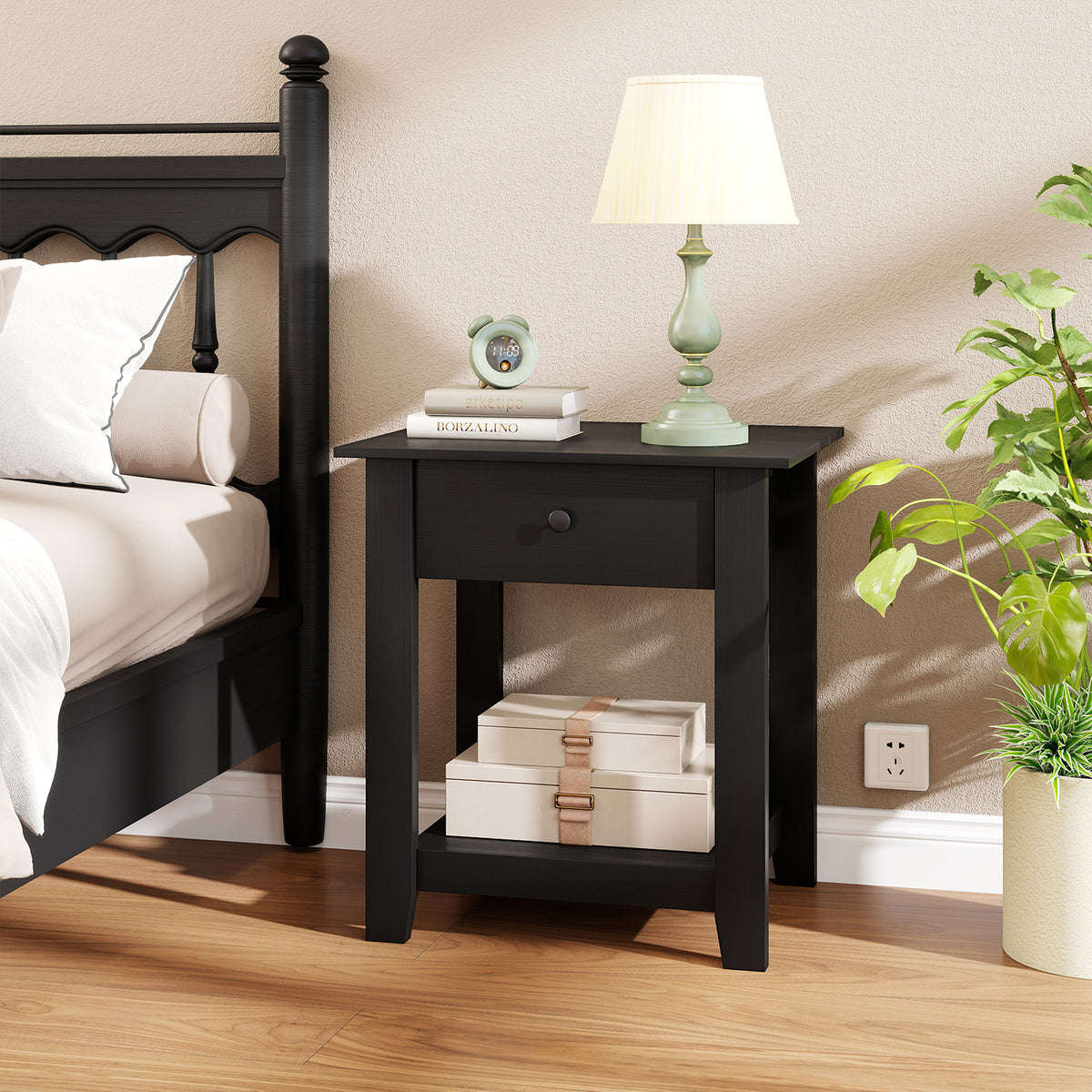 Set of 2 Nightstand with Drawer 3-Tier Modern Bedside Table-Black