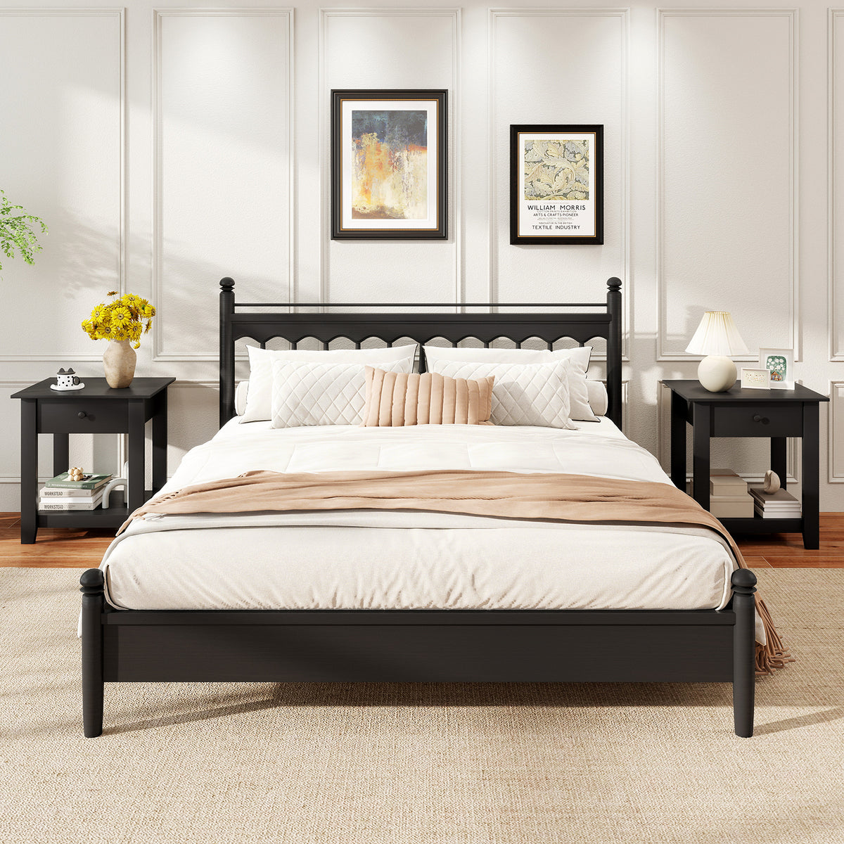 Set of 2 Nightstand with Drawer 3-Tier Modern Bedside Table-Black